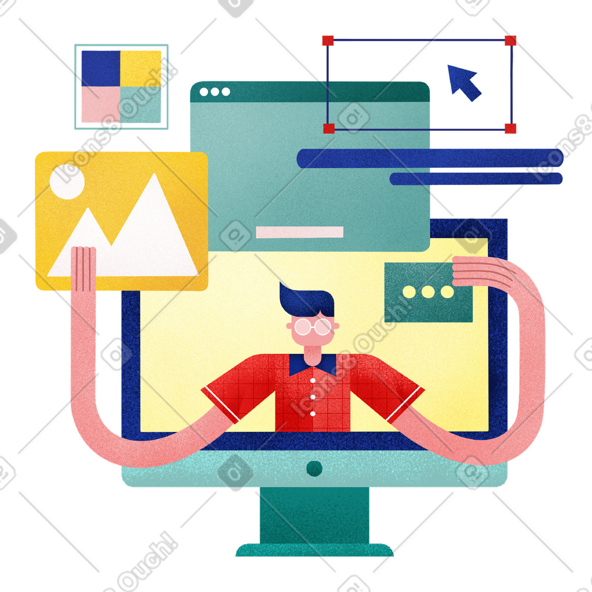 Website creation by man from computer illustration in Willowy style download in PNG, SVG