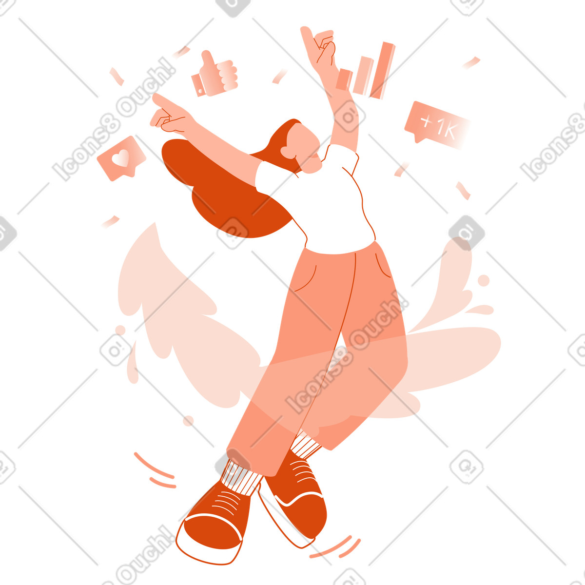 Social media user celebrating viral campaign, digital marketing accomplishment illustration in Orange style download in PNG, SVG