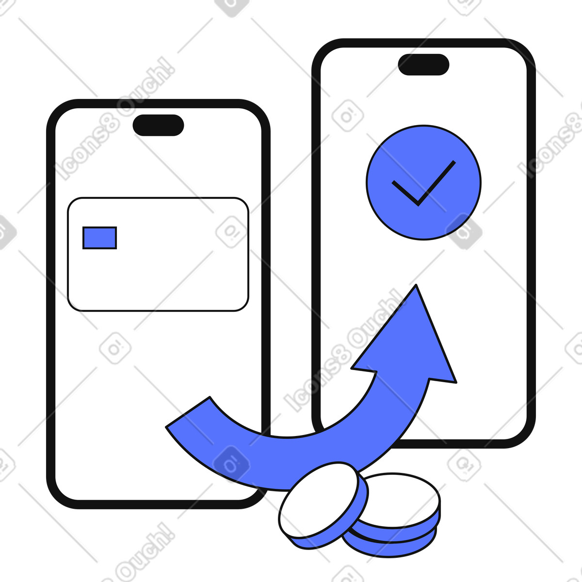 Payment transfer between mobile phones with confirmation checkmark and coins-Illustration im Main-Stil als Download in PNG, SVG