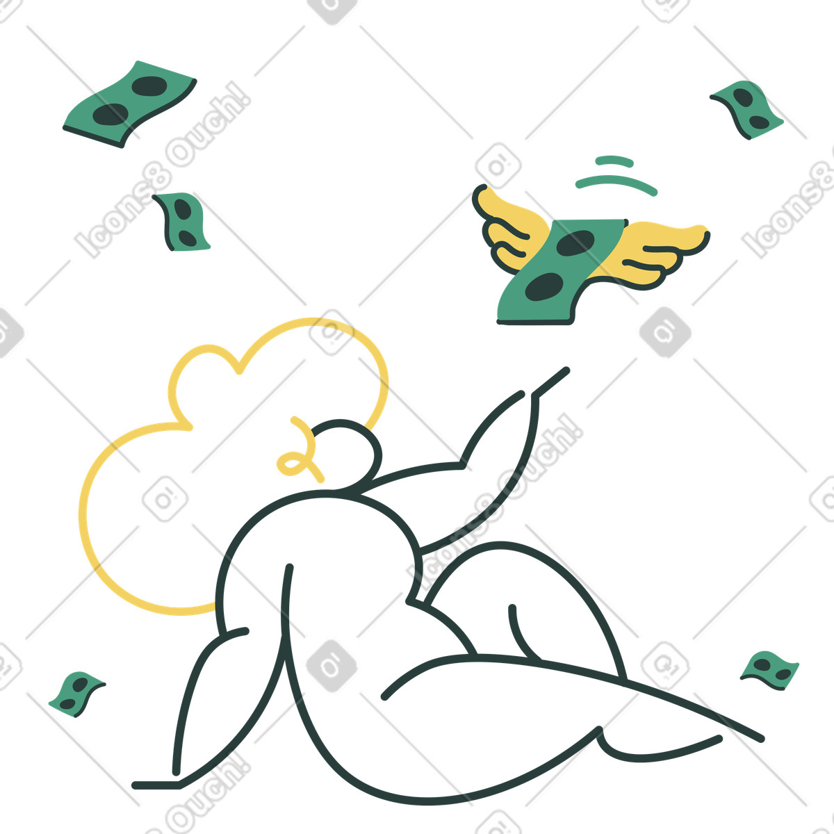 下载 Macaroni 风格的 坐在金钱雨中的女人 插画，支持 PNG、SVG 格式