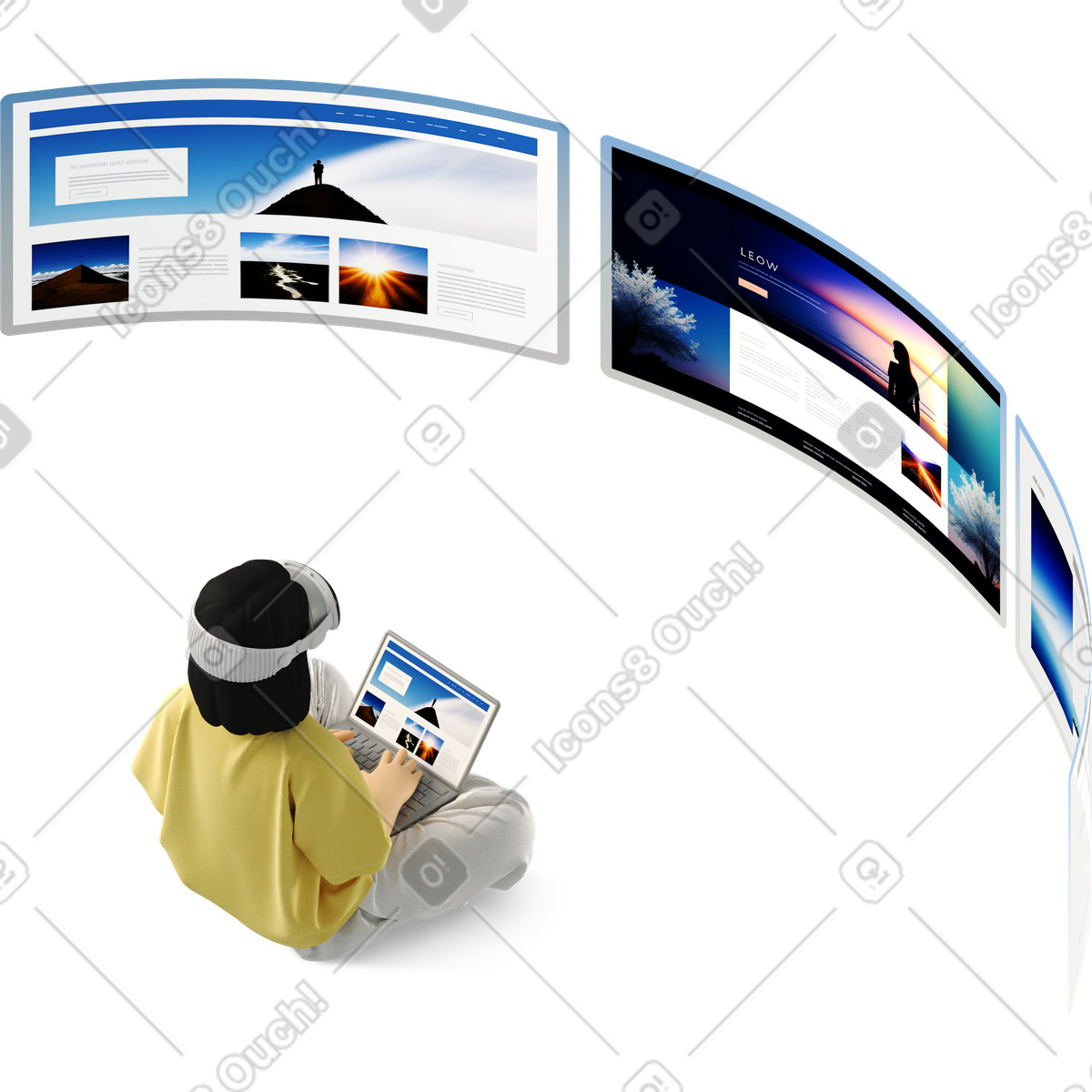 Giovane donna con occhiali vr che esplora siti web illustrazione in stile 3D Business scarica in PNG, SVG