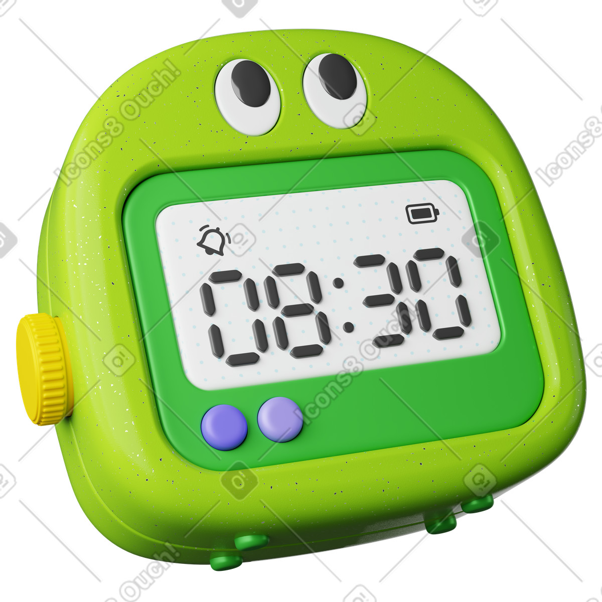 下载 3D Plastic 风格的 Alarm clock character with digital display and cute cartoon eyes 插画，支持 PNG、SVG 格式