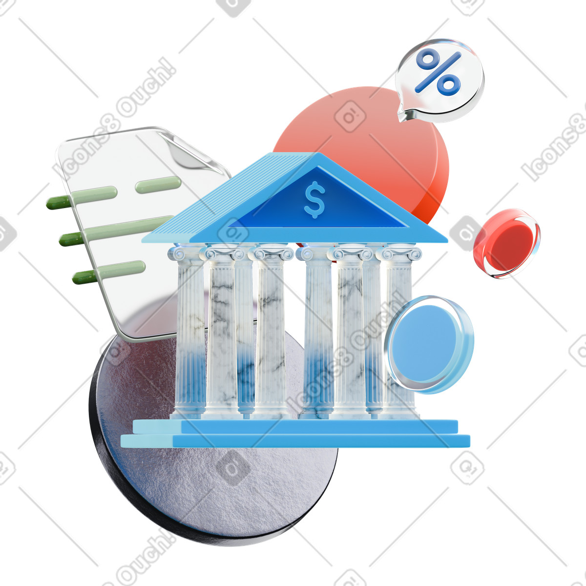 Bank building, agreement and interest rate animated illustration in 3D Morphis style download in GIF, Lottie (JSON), AE
