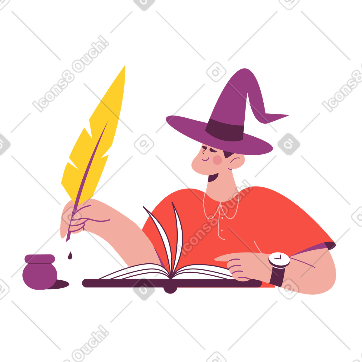 Wizard man in hat writing book with a quill illustration Sammy style download PNG, SVG