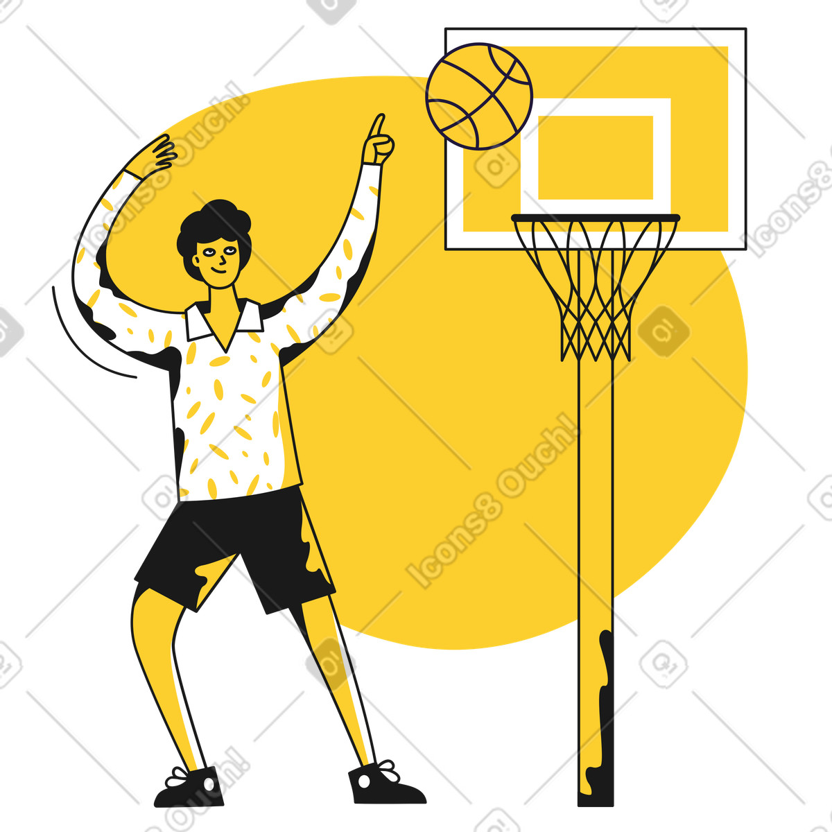 Uomo che mette una palla da basket nel canestro illustrazione in stile Taxi scarica in PNG, SVG