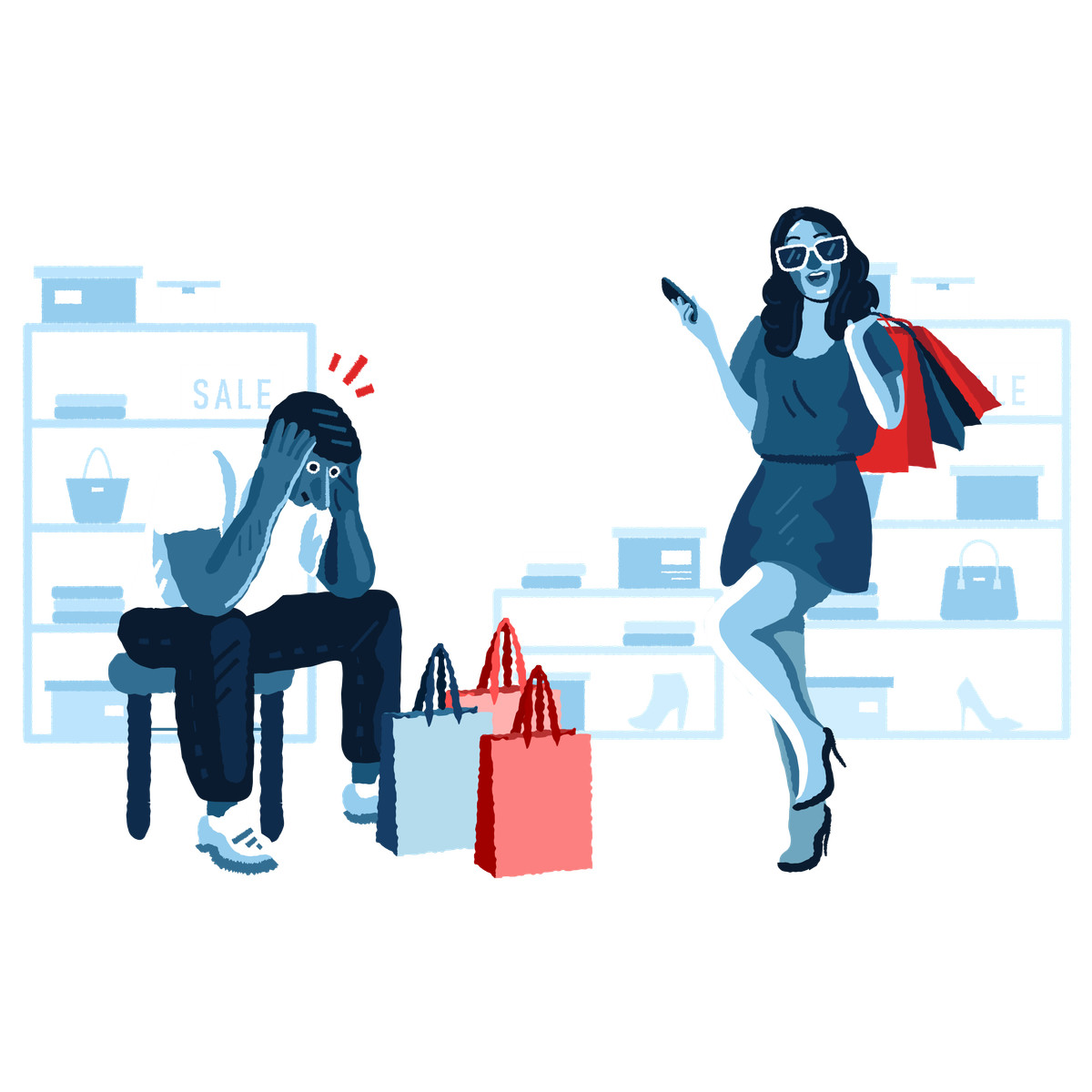 Man and woman shopping together illustrazione in stile Cherry scarica in PNG, SVG