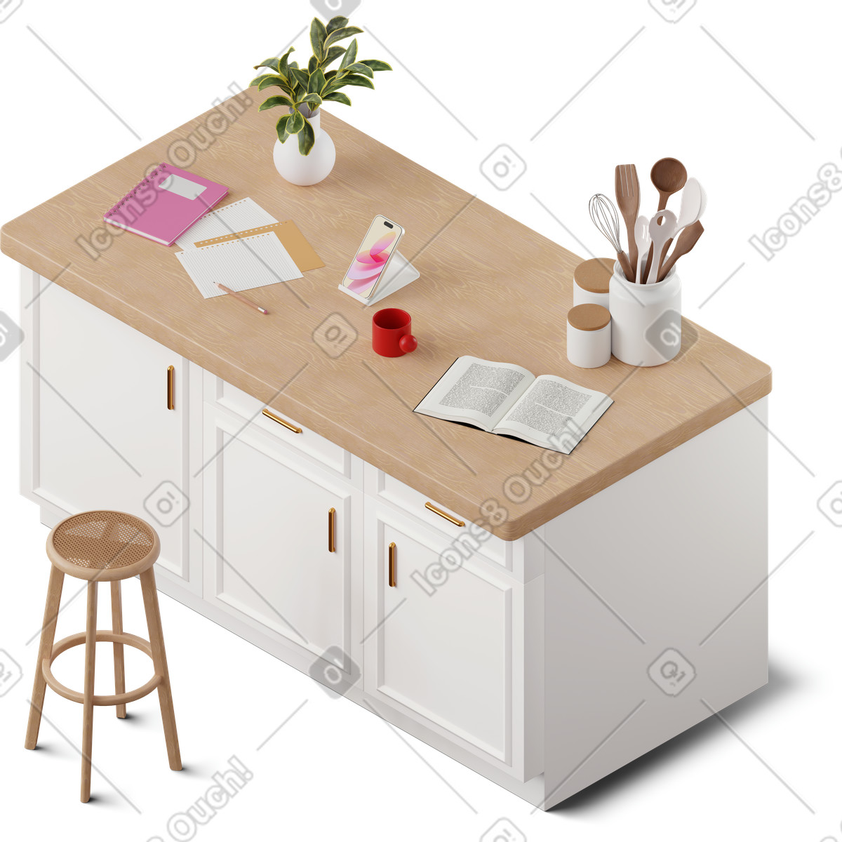 Isometric view of smartphone and notes on the kitchen island illustration in 3D Hygge style download in PNG, SVG
