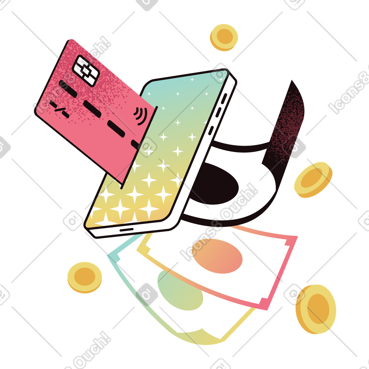 Ilustração de Online banking and mobile wallet, Contactless payments technology em no estilo Delight para baixar em PNG, SVG