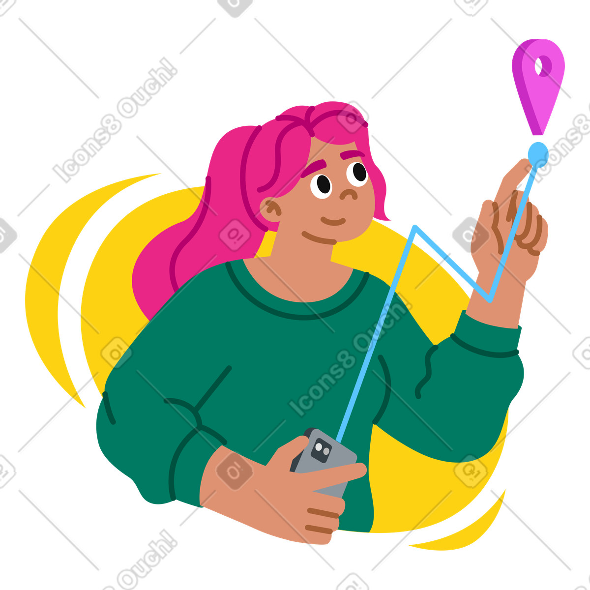 Junge frau nutzt geolokalisierung und erstellt route animierte Illustration im Active-Stil als Download in GIF, Lottie (JSON), AE