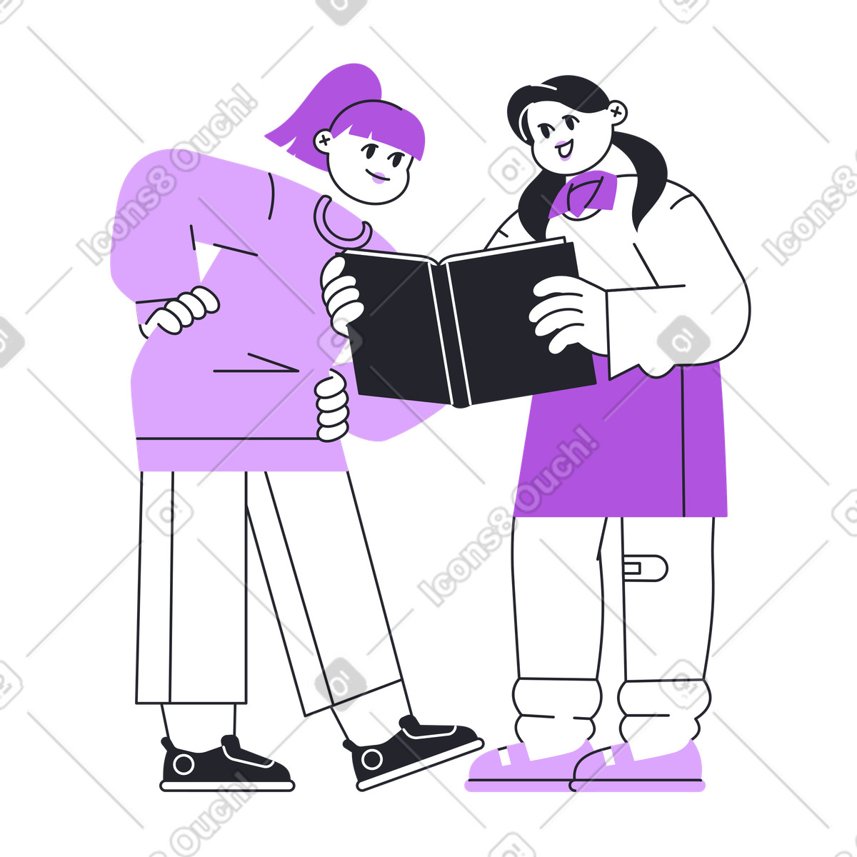 下载 Grapy 风格的 Students reading book together, academic project and homework 插画，支持 PNG、SVG 格式
