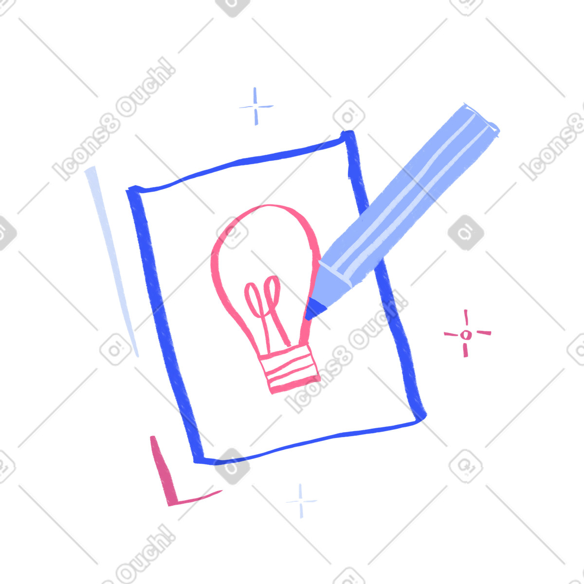 下载 Quirky 风格的 Pencil drawing a lightbulb, Creative thinking and idea generation 插画，支持 PNG、SVG 格式