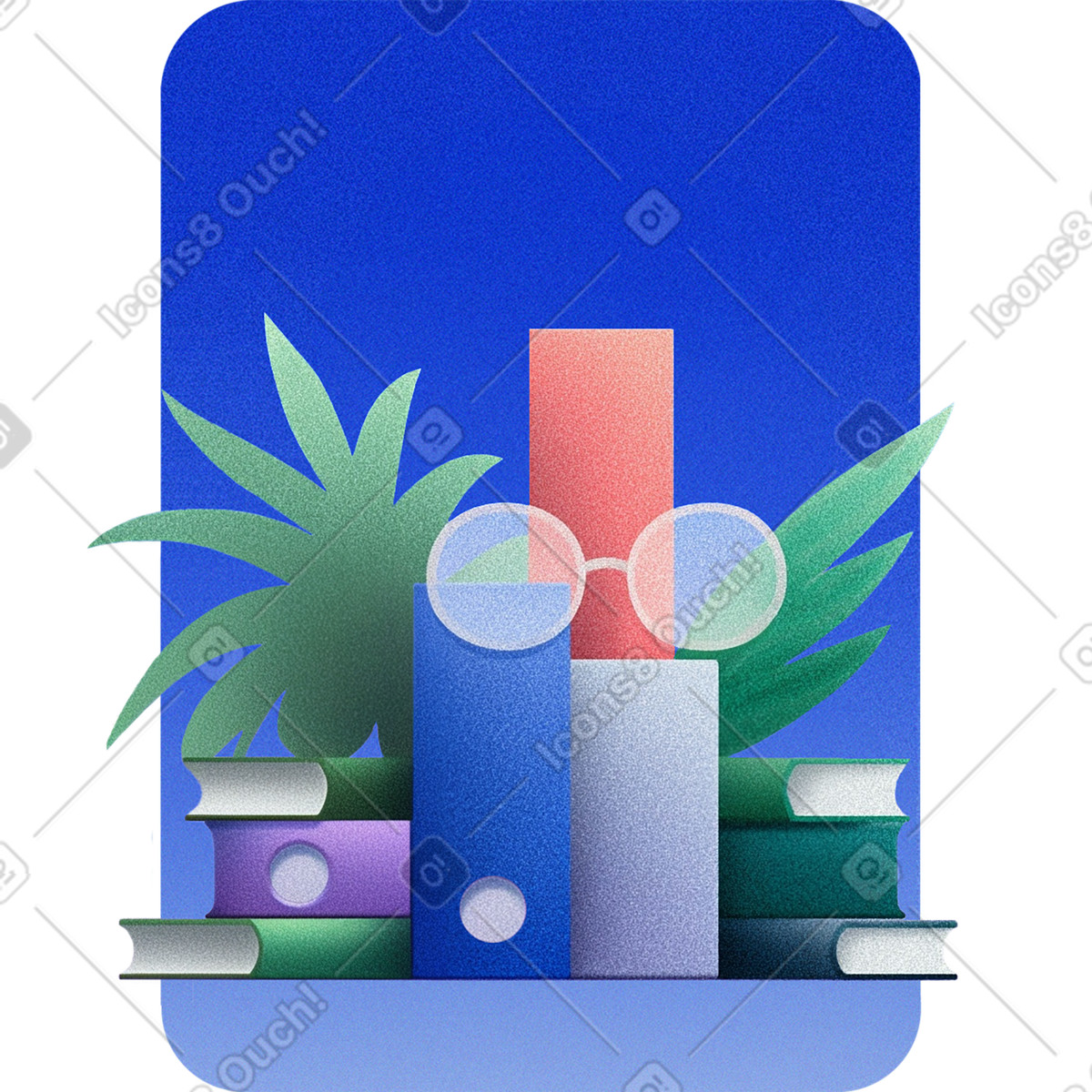 Books and file folders illustration featuring glasses and a plant as educational clipart images