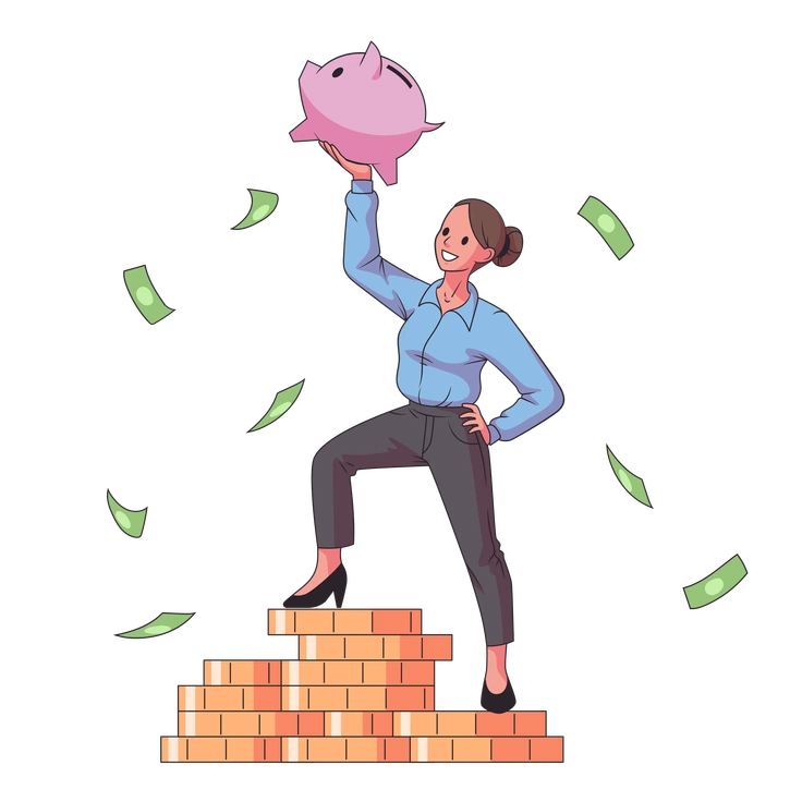 A woman holding a piggy bank triumphantly - Eastwood style illustration