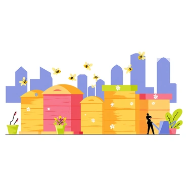 A city rooftop featuring several wooden beehives arranged neatly in a row. The beehives are painted in bright colors, with flowers and patterns adorning their surfaces. Numerous small yellow bees with black stripes are buzzing around the hives, some flying towards nearby flowers planted in pots. The urban skyline is visible in the background, with tall buildings and clear blue skies. A few green plants and a watering can are placed beside the beehives, adding a touch of nature to the rooftop scene.