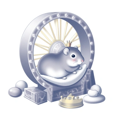 A large hamster wheel crafted from intricate crystal designs and adorned with golden accents. The wheel has multiple tiny facets that reflect light, creating a shimmering effect. Inside the wheel, a well-groomed hamster rests comfortably, its fur fluffy and neatly brushed. The hamster appears content, with a small crown resting playfully on its head, emphasizing its pampered status. The surrounding area features plush bedding and small, luxurious toys scattered about, creating a rich environment for the hamster.