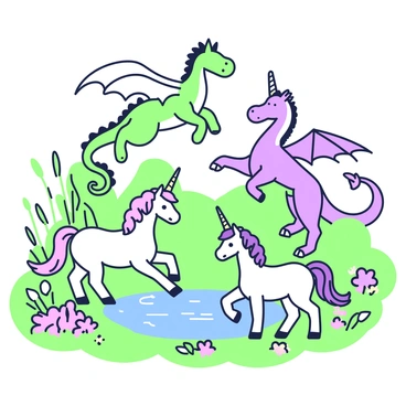 A scene on an A3 illustration board depicting dragons and unicorns in a fantasy setting. In the center, two dragons with elaborate scales are soaring above a lush landscape. One dragon is a large emerald green creature with extended wings, and another is a smaller purplish dragon with a spiked tail. Below them, two unicorns are standing gracefully near a shimmering pond, one with a flowing mane and a spiraled horn, and the other with a shorter mane and a golden horn. Surrounding these creatures, there are vibrant flowers and tall grasses, creating a rich environment for the fantastical beings.