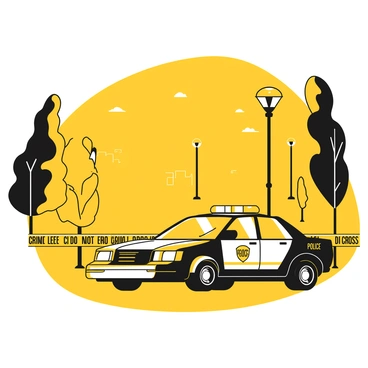 A police car with black and white markings is parked with its flashing yellow lights on. The car is positioned in front of a cordoned-off crime scene, marked by yellow tape that reads "CRIME SCENE DO NOT CROSS." In the background, there are shadows of trees and a dimly lit street. A faint outline of a building can be seen in the distance. The atmosphere conveys a sense of urgency and alertness.