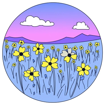 A vast meadow filled with blooming "evening primroses" that have bright yellow petals. The flowers are swaying gently in a light breeze, creating a wave-like effect across the field. The sky above is transitioning to twilight, showcasing a gradient of purple and blue hues. A few fluffy white clouds are scattered across the sky, catching the last light of day. In the background, there are faint silhouettes of distant hills under the twilight sky.