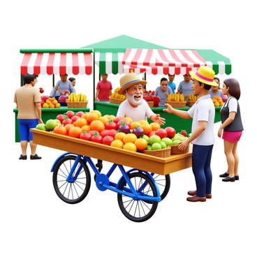 A street vendor on a bicycle cart with a colorful assortment of fresh fruits. The cart is overflowing with ripe oranges, bananas, apples, and strawberries, all arranged neatly in baskets. The vendor, a middle-aged man wearing a straw hat, is cheerfully interacting with customers. Surrounding the cart, there are various market stalls with vibrant produce and shoppers browsing. The scene is bustling with activity, showcasing the lively atmosphere of a market.