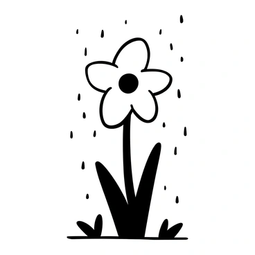 A solitary daffodil stands tall, its delicate petals forming a trumpet shape. Raindrops rest on its petals, creating a shimmering effect. Gentle rain falls around it, with drops splattering on the ground nearby. The background is blurred, emphasizing the daffodil's vibrant form amidst the soft rainfall.