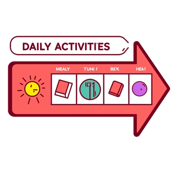 A red chart is displayed on a white background, organized into segments that represent various times of the day. Each segment contains a colorful icon symbolizing specific daily activities. For example, the morning section shows a bright yellow sun symbolizing waking up, while the meal section features a teal plate with a fork and knife. The activity section displays an orange book for reading time, and the evening segment includes a purple moon icon to represent bedtime. Each segment is clearly labeled with "Daily Activities" at the top of the chart.