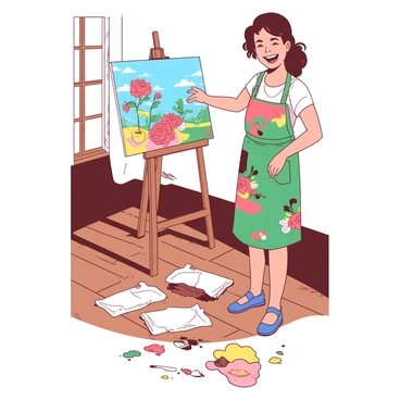 An artist with a joyful expression is standing in front of a completed painting displayed on an easel. The painting features vibrant colors and intricate details, showcasing the artist's skill. On the wooden floor, there are several initial sketches scattered around, some partially crumpled, providing a glimpse into the creative process. The artist is wearing a colorful apron that has paint splatters, reflecting their dedication to the craft. Sunlight streams in through a nearby window, illuminating the scene and casting soft shadows across the floor.
