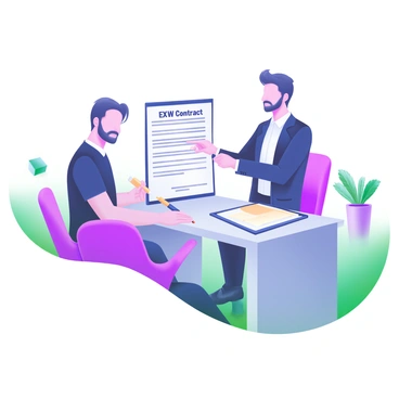A buyer and a seller are seated at a sleek, modern desk in an office setting. The buyer is holding a pen, ready to sign a document labeled "Ex Works (EXW) Contract," which is placed prominently on the desk. The seller, dressed in professional attire, is pointing to a specific section of the contract for the buyer's attention. In the background, there are subtle elements such as a potted plant and a few neatly stacked files, which enhance the office ambiance. The lighting is bright and emphasizes the focus on the contract and the two individuals engaged in this important transaction.