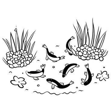 Clusters of tadpoles swimming in the shallow waters of a wetland. The tadpoles have elongated bodies and are densely grouped together, creating a swirling pattern. The surface of the water is slightly rippled, with reflections of nearby reeds and aquatic plants. Snippets of mud and pebbles are visible beneath the water, adding texture to the scene. A few lily pads float on the surface, enhancing the wetland environment.