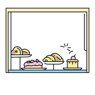 A bakery window featuring a variety of pastries, including croissants, éclairs, and tarts, arranged neatly on elegant plates. The pastries are glazed and topped with fruits, showcasing their appeal. Beside the pastries, there are elegantly designed fourchettes, each with a unique shape and intricate detailing, arranged artistically. The window is framed with a light wood border, enhancing the display of treats. Soft natural light illuminates the scene, highlighting the textures of the pastries and the shine of the fourchettes.