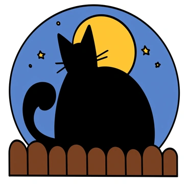 A black cat with a sleek silhouette is sitting on top of a wooden fence. The cat's tail is curled around its body, and its ears are perked up, alert. In the background, there is a large, glowing full moon illuminating the night sky. The moon casts a soft light that highlights the edges of the cat and the fence. Stars twinkle faintly in the dark sky, creating a serene atmosphere around the scene.