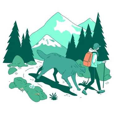 A teal borzoi is gracefully trotting along a winding mountain trail. Its long, silky fur glimmers in the sunlight as it curiously sniffs the ground. Beside the borzoi, a person in outdoor gear is hiking, wearing a bright orange backpack. The trail is surrounded by tall green trees and rocky outcrops, with patches of colorful wildflowers scattered along the path. The owner's hand lightly rests on the borzoi's back as they both enjoy the fresh mountain air.