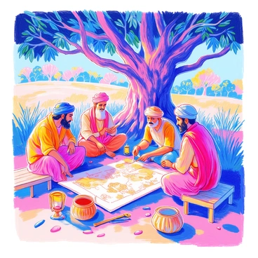 A group of villagers is gathered under a large banyan tree with thick, twisting roots and expansive green leaves. They are sitting on the ground and on small wooden benches, leaning in closely to discuss their plans. The villagers are dressed in traditional attire, including colorful shawls and turbans. Their expressions are focused and determined as they point to a hand-drawn map laid out in front of them. Nearby, a lantern provides soft light, casting gentle shadows on their faces. Scattered around the base of the tree are woven baskets and farming tools, indicating their connection to the land and their community.