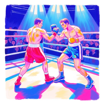 Two boxers are in a boxing ring, each displaying intense expressions of focus and determination. The first boxer, wearing red trunks and black gloves, is mid-punch with their arm extended forward, muscles tense. The second boxer, clad in blue trunks and white gloves, is leaning back slightly, preparing to evade the incoming punch, a look of concentration etched on their face. The ropes of the ring are visible, as well as the audience in the background, eagerly watching the match unfold. Bright lights illuminate the scene, casting dramatic shadows on the canvas floor.