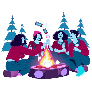 A group of friends laughing and sharing Snickers bars around a campfire.