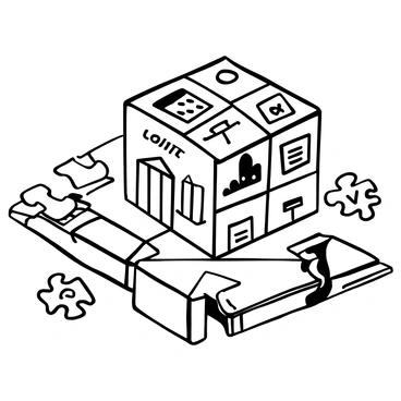 A detailed puzzle box sitting on a wooden table, intricately designed with symbols representing various components of government such as a gavel, scales of justice, a constitution, and a ballot. Each piece of the puzzle is uniquely shaped, showcasing elements like a legislative building, a courthouse, and a voting booth. Surrounding the puzzle box are scattered puzzle pieces, each piece featuring distinct engravings related to checks and balances, indicating the interconnectedness of government functions. The entire scene is composed in black and white, highlighting the intricate designs of the puzzle and the texture of the table.