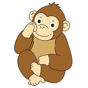 A monkey face with large, expressive eyes and a gentle brow, showcasing a wise and thoughtful expression. Its fur is a mix of light brown and dark brown tones, perfectly framing its face. The monkey is resting its chin on one hand while the other hand is positioned on its knee, suggesting deep contemplation. The ears are slightly rounded and protruding, adding to its inquisitive look. The background features soft, muted colors that complement the monkey's warm fur tones.