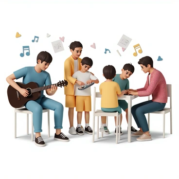A group of three volunteers is actively engaging with a diverse group of children in a brightly lit music studio. One volunteer, wearing a blue t-shirt and jeans, is demonstrating how to play a guitar, while a second volunteer, dressed in a bright yellow shirt and shorts, is guiding a child on how to hold and tap a tambourine. The third volunteer, wearing a red flannel shirt, is helping another child with a keyboard, showing them how to press the keys. Each child has a look of concentration and excitement on their faces as they learn to play different instruments. Colorful musical notes and sheet music are visible on the walls, enhancing the creative atmosphere.