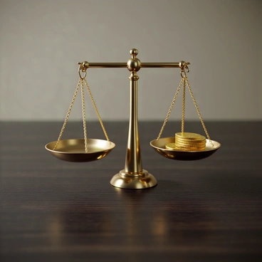 A balance scale with a metallic finish, featuring two pans at either end. One side of the scale is lower than the other, indicating a disparity in weight. The raised side holds a small stack of gold coins, while the lowered side is empty. The scale is placed on a dark wooden surface, and the background is softly blurred to emphasize the scale's contrasting sides.