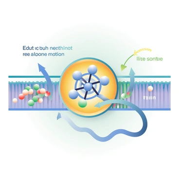 A detailed illustration of a cellular pump is presented in the center of the image. The pump has a complex structure with distinct protein subunits. On one side, there are small spherical molecules, representing ions or nutrients, clustering around the pump, indicating their readiness for transport. The cell membrane surrounds the pump, depicted with a semi-permeable barrier displaying a lipid bilayer's texture. On the other side of the membrane, a gradient is visible with fewer molecules, showing the difference in concentration. Arrows indicate the active transport motion from the side with high concentration to the side with low concentration. The background features a soft gradient with shades of blue and green, enhancing the biological context of the cellular environment.