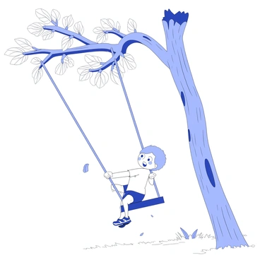 A child is swinging on a sturdy tree branch. The child is wearing a bright t-shirt and shorts, holding onto a rope attached to the swing. The tree is tall, with a thick trunk and lush leaves surrounding the branch. In the moment before the branch snaps, the child's expression shows surprise and excitement. The scene captures the instant when the branch begins to break, with small splinters flying away. The ground beneath the swing is soft and grassy, ready to catch the child as they descend gently.