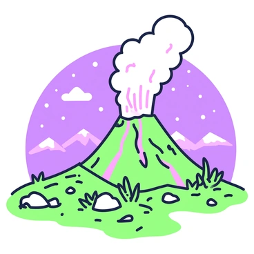 A volcano is erupting with a column of smoke and ash billowing into the night sky. The lava is flowing down the sides of the volcano in a dynamic stream. The area around the volcano is rocky with scattered boulders and patches of dry vegetation. In the background, the silhouette of distant mountains can be seen against the dark sky, which is speckled with stars. The scene captures the energy and power of the eruption.
