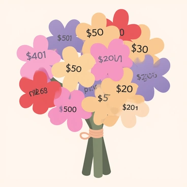 A digital flat illustration depicting a vibrant bouquet of flowers arranged in a circular formation. Each flower has petals in various bright colors such as red, yellow, pink, and purple. Each petal is clearly labeled with different art-related prices in bold black text. The labels are neatly placed on the petals and include prices like "$50", "$100", "$200", and more. The stems of the flowers are green and slender, tied together with a simple twine ribbon. The background is a soft, light beige to enhance the brightness of the flowers.