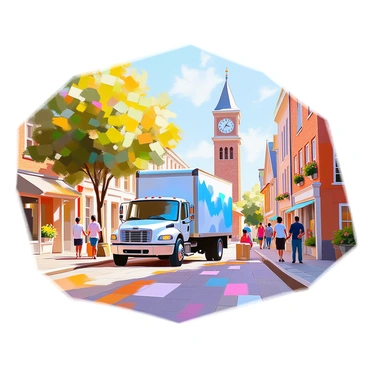 A moving truck is parked in a quaint small-town square. The truck is a bright blue color with a white geometric pattern on its side. In the background, there is an old clock tower standing tall, its face displaying the time. The square is lined with charming brick buildings, each with colorful flower boxes beneath the windows. People are strolling through the square, some stopping to watch the truck being unloaded. A tree with lush green leaves provides shade nearby, and a cobblestone path leads towards the clock tower.