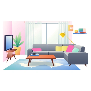 A living room features a combination of retro and modern design elements. The walls are painted in a soft pastel color. A vintage, mid-century wooden coffee table sits at the center, surrounded by a modern gray sectional sofa with colorful throw pillows. A retro-style floor lamp with a yellow shade stands beside the sofa. On one side of the room, a sleek flat-screen television is mounted on the wall, contrasting with a classic record player placed on a side table. A large potted plant adds a touch of greenery, and a geometric-patterned rug covers the floor beneath the coffee table. Natural light filters through sheer curtains, illuminating the space.