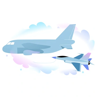 A large tanker plane is positioned in the sky, with a fighter jet flying close beside it. The tanker plane features a broad fuselage and a retractable boom extending towards the fighter jet. The fighter jet is sleek and aerodynamic, showcasing sharp angles and a vibrant color scheme. A stream of fuel is visibly connecting the two aircraft, illustrating the refueling process. The backdrop consists of a gradient of pastel colors in the sky, transitioning from soft blues to gentle pinks and purples, creating a serene atmosphere.