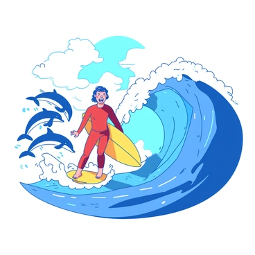 A cheerful surfer with a bright yellow surfboard is riding a big blue wave. The surfer is wearing a red wetsuit and has a wide smile as they navigate the crest of the wave. Nearby, several playful dolphins are jumping out of the water, creating splashes around them. The sun is shining brightly, illuminating the scene with vibrant energy as the wave curls majestically in the background.