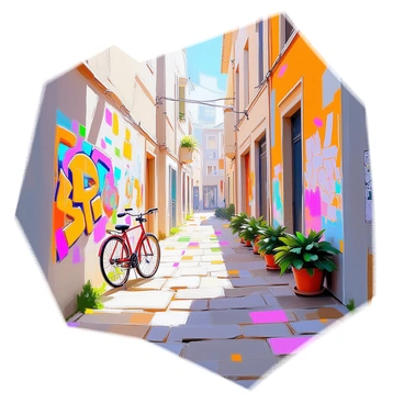 A narrow alleyway lined with vibrant street art covering the walls on both sides. The artwork features a mix of colorful murals, graffiti tags, and stencil art, showcasing both abstract designs and detailed characters. Bright blues, yellows, pinks, and greens dominate the scene, creating a lively atmosphere. The cobblestone ground is slightly uneven, with patches of greenery peeking through the cracks. Soft natural light filters down, illuminating the intricate details of the art and casting gentle shadows. A few scattered objects, such as a weathered bicycle and some potted plants, add character to the space.