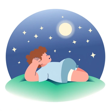 A child with curly brown hair is lying on a bed of lush green grass. They are wearing a light blue t-shirt and shorts, with their hands tucked behind their head. The child is looking up at a starry night sky, which is filled with numerous twinkling stars. A bright full moon casts a gentle glow across the scene, illuminating the child's face. The grass is soft and appears vibrant against the dark, velvety sky.