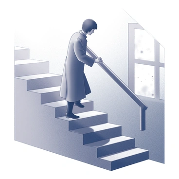 A figure is carefully ascending a flight of creaking, ancient wooden stairs. The stairs are weathered, showcasing grooves and imperfections from years of use. Dust particles float in the air, illuminated by light filtering through a nearby window. The figure is dressed in a long coat, and shadows cast on the stairs create a sense of depth and movement. A hand grips the banister tightly, exhibiting a sense of caution and focus as the person makes their way upward.