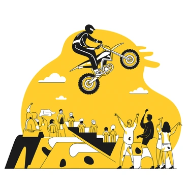 A motorcyclist in a full black outfit with a helmet is performing a trick mid-air. The motorcycle is angled downwards while the rider is doing a backflip, showcasing dynamic movement. Below, an audience of spectators is gathered, with some standing and others sitting on bleachers, all watching intently. Some spectators are holding banners, while others have their hands raised in excitement. The scene captures the thrill and energy of the stunt event.